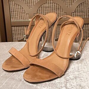 Share Schutz Clear Heel Sandals Size 7.5 Nude Ankle Strap Leather Sole Block Hee